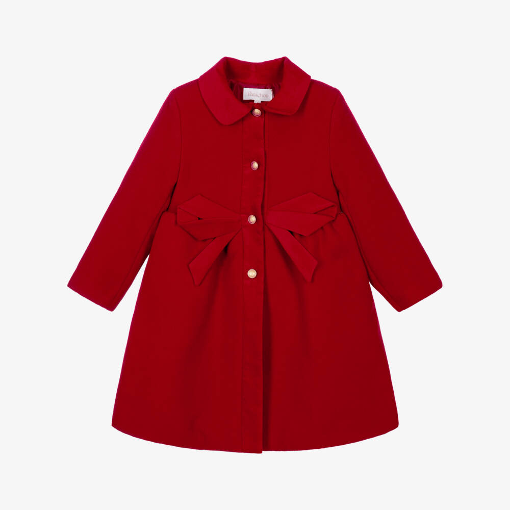 Patachou-Girls Red Felted Coat with Bow & Crest Buttons | Childrensalon