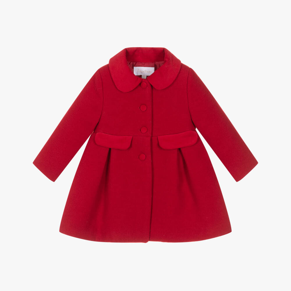 Patachou-Girls Red Felted Coat with Velvet Trims | Childrensalon