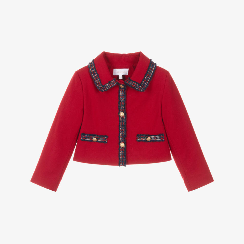 Patachou-Girls Red Jacket with Blue Tweed Trims | Childrensalon