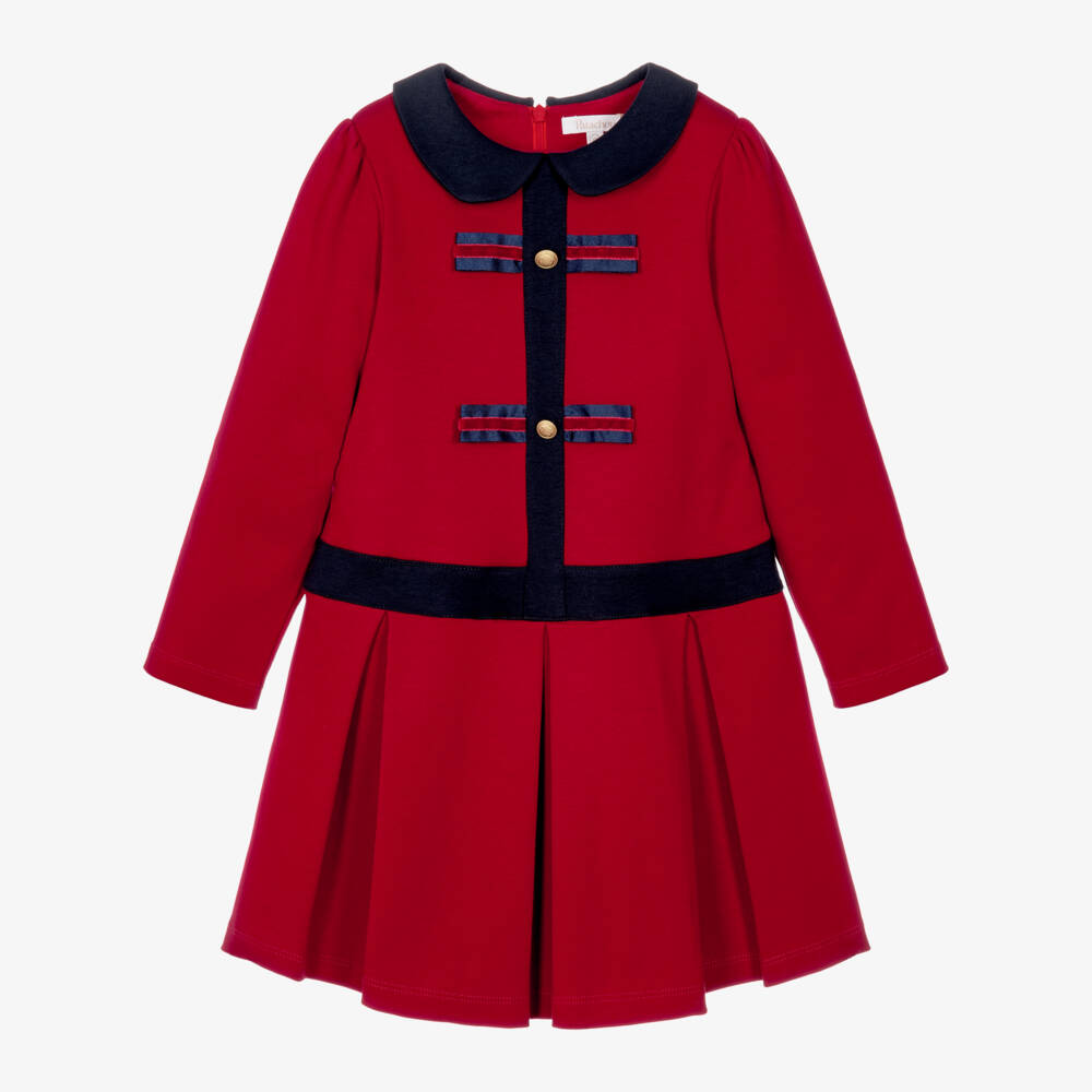 Patachou-Girls Red & Navy Jersey Dress with Grosgrain Bows | Childrensalon