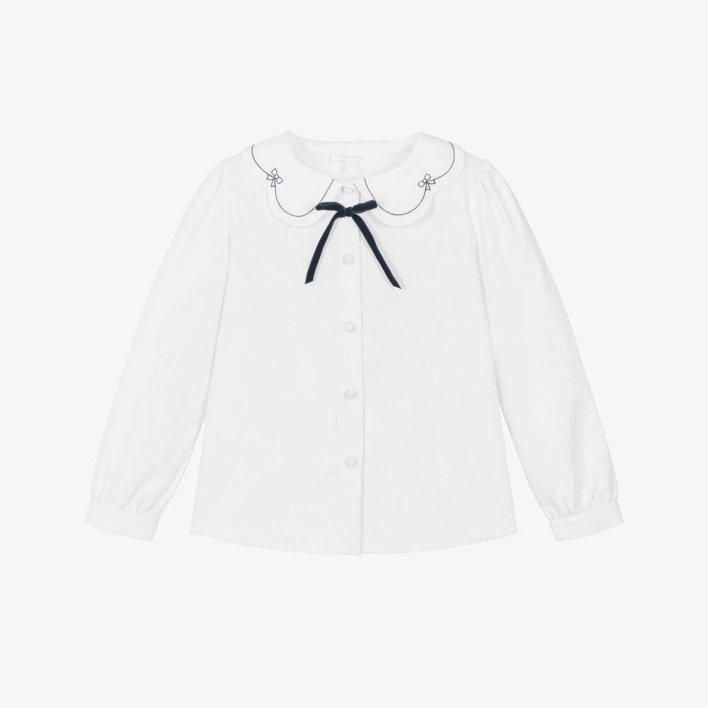 Patachou-Girls White Cotton Blouse with Embroidered Collar  | Childrensalon