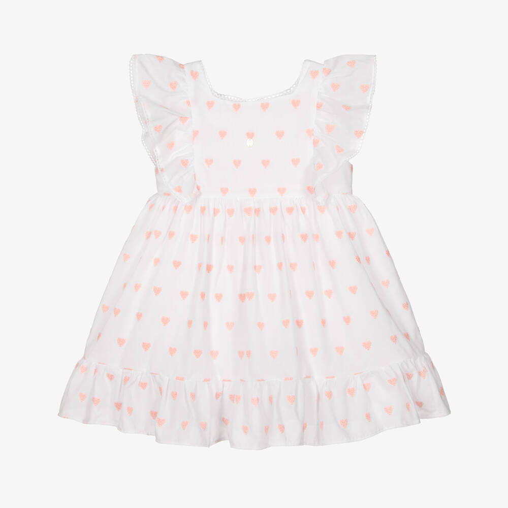 Patachou-Girls White Cotton Dress with Embroidered Pink Hearts | Childrensalon