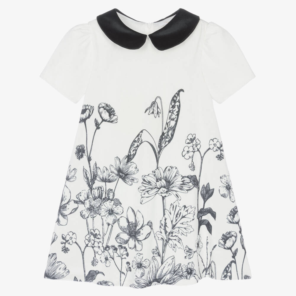 Patachou-Girls White Velour Dress with Black Flowers | Childrensalon