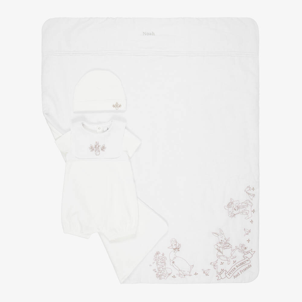 Peter Rabbit™ by Childrensalon-Personalised Ivory Cotton Babysuit Set with Beige Embroidery | Childrensalon