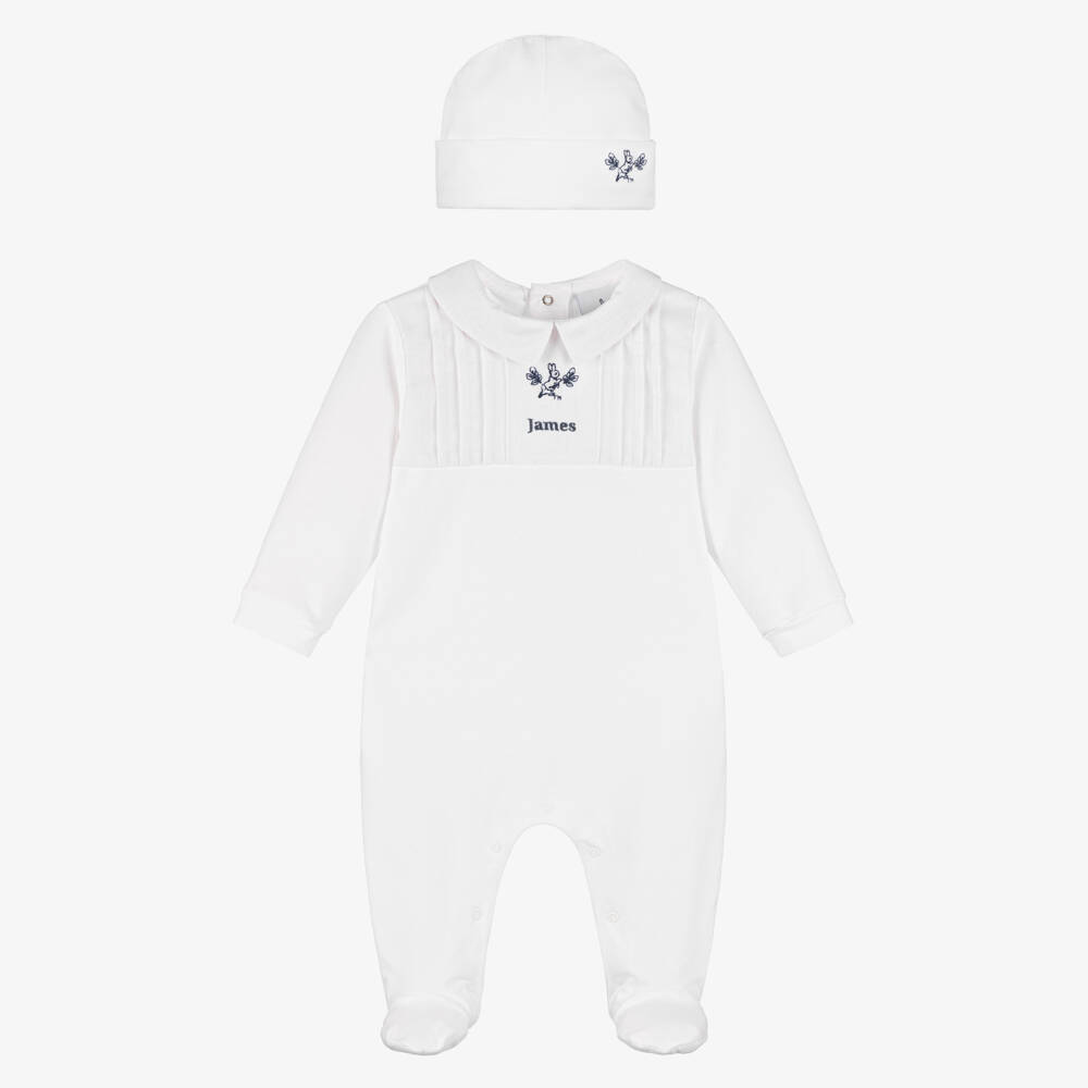 Peter Rabbit™ by Childrensalon-Personalised White Cotton Peter Rabbit Babygrow & Hat Set | Childrensalon