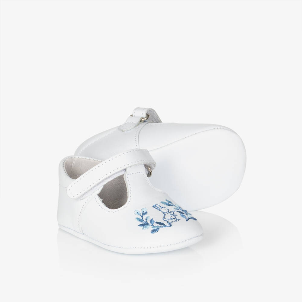 Peter Rabbit™ by Childrensalon-White Leather Pre-Walkers with Blue Peter Rabbit Embroidery | Childrensalon