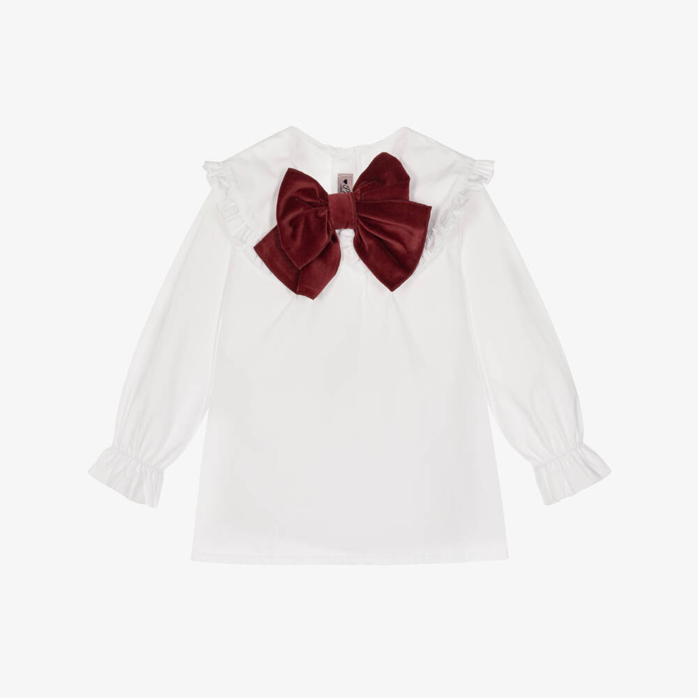 Phi Clothing-Girls White Cotton Blouse with Velvet Bow | Childrensalon