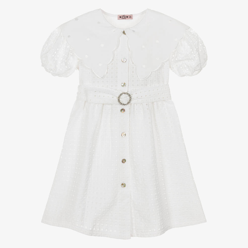 Phi Clothing-Girls White Cotton Scalloped Collar Dress | Childrensalon