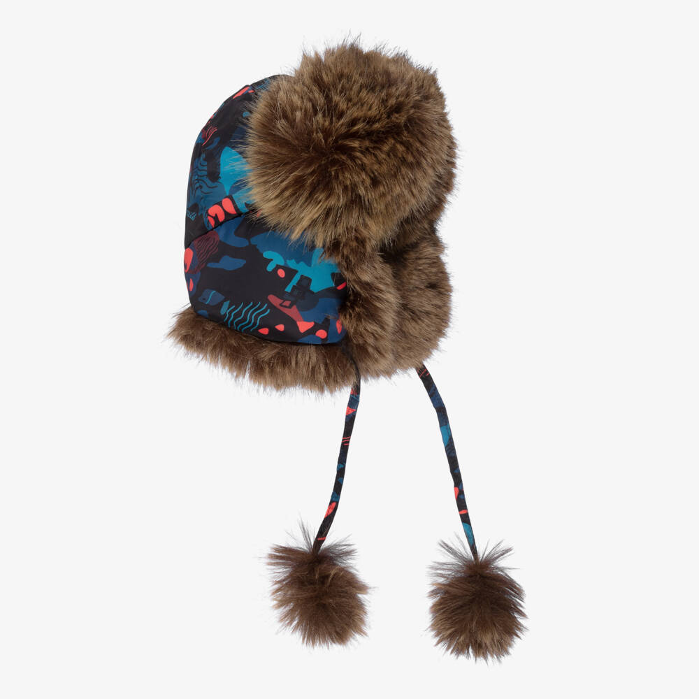 Pilguni-Boys Blue Graphic Print & Faux Fur Trapper Hat | Childrensalon
