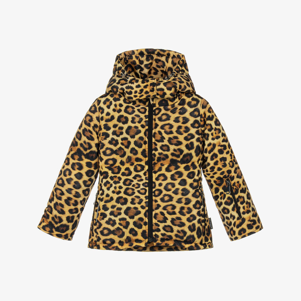 Pilguni-Girls Brown Leopard Print Ski Jacket with Detachable Hood | Childrensalon