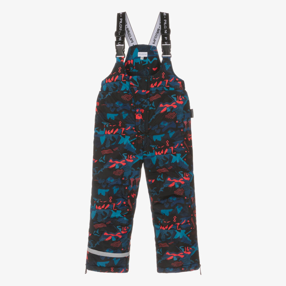 Pilguni-Navy Blue Print Ski Salopettes with Logo Shoulder Straps | Childrensalon