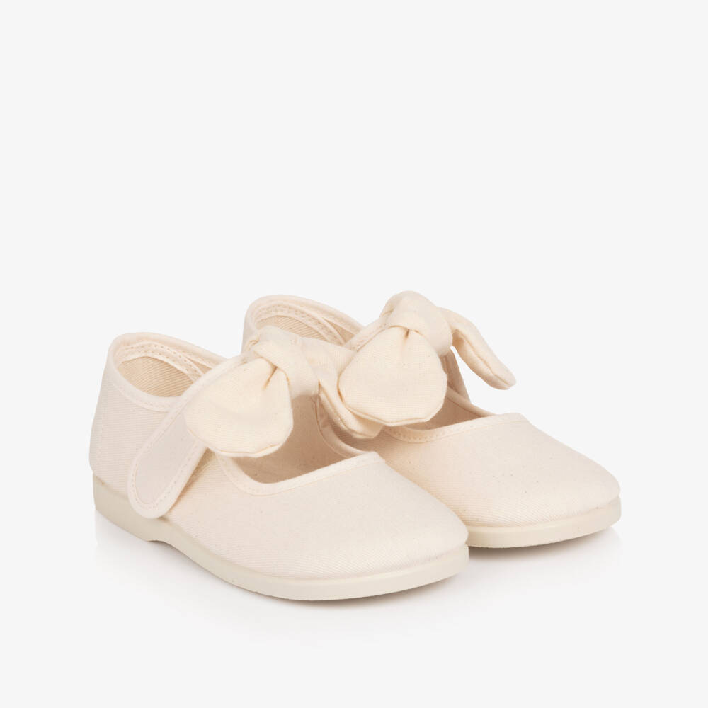 Pisamonas-Girls Beige Canvas Mary Jane Velcro Shoes | Childrensalon