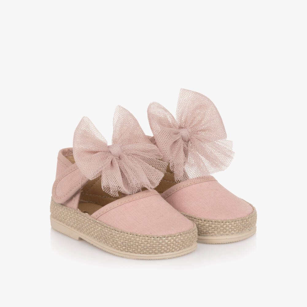 Pisamonas-Girls Pale Pink Espadrille Style Sandals with Tulle Bows | Childrensalon