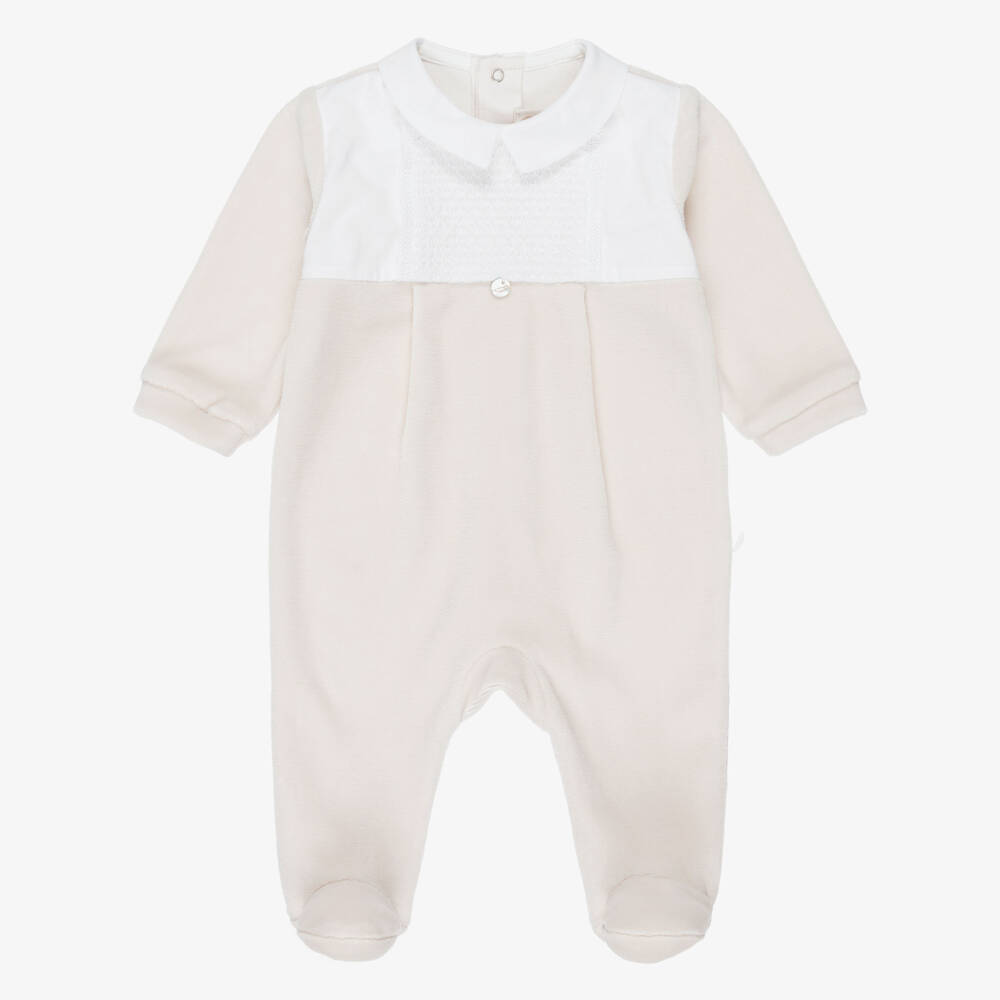 Pureté Du... Bébé-Boys Light Beige Velour Babygrow | Childrensalon