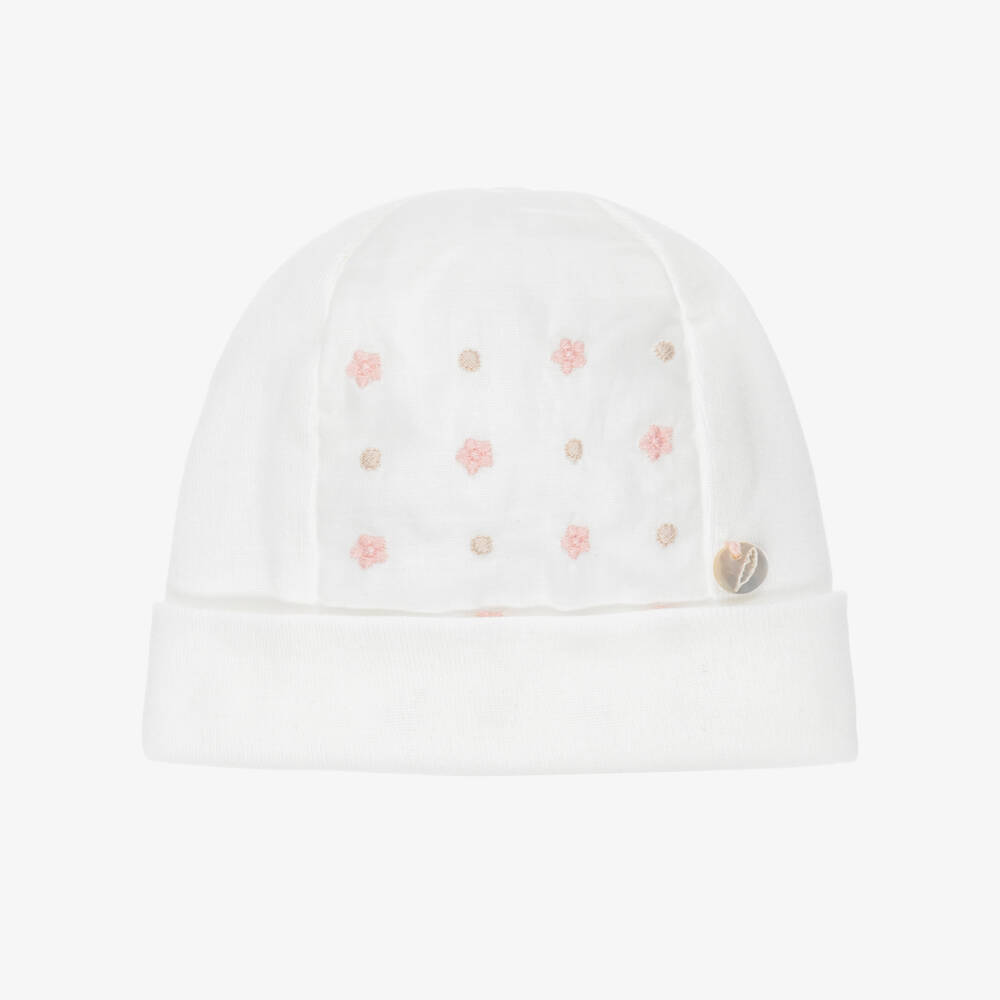 Pureté Du... Bébé-Ivory Cotton Flower Embroidered Baby Hat | Childrensalon