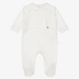 Ivory Velour Babygrow with Embroidered Panel