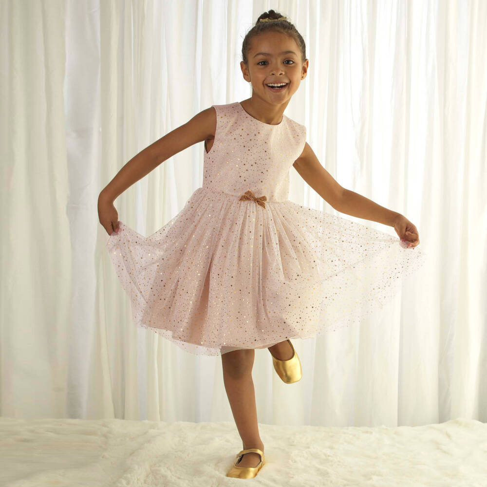 Rachel Riley-Girls Gold Glitter & Star Dress | Childrensalon