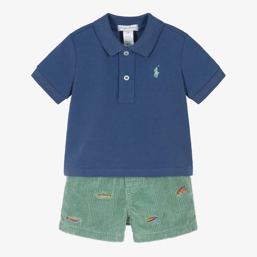 Ralph Lauren-Baby Boys Blue & Green Corduroy Shorts Set | Childrensalon