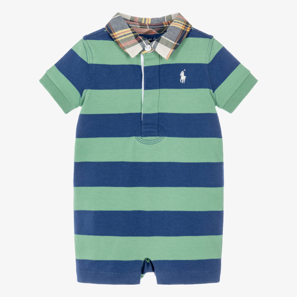 Ralph Lauren-Baby Boys Blue & Green Striped Cotton Rugby-Style Shortie | Childrensalon