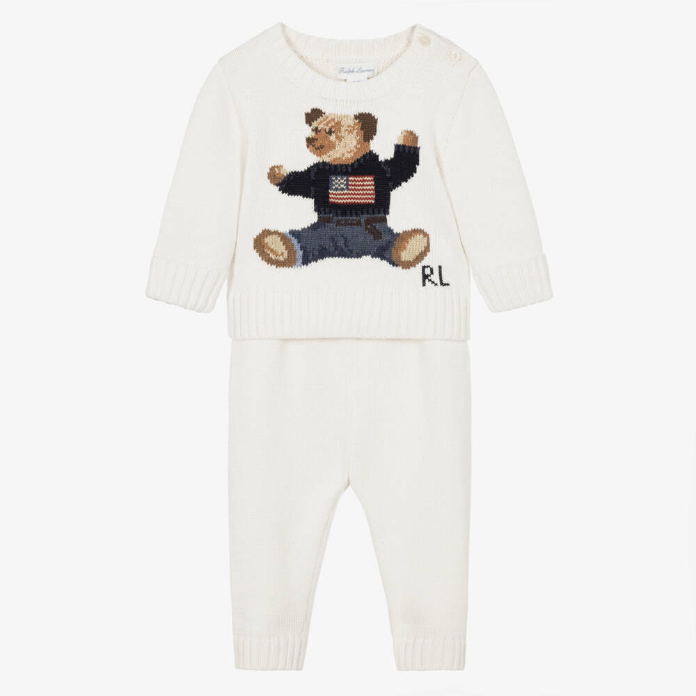 Ralph Lauren-Baby Boys White Polo Bear Knit Trouser Set | Childrensalon
