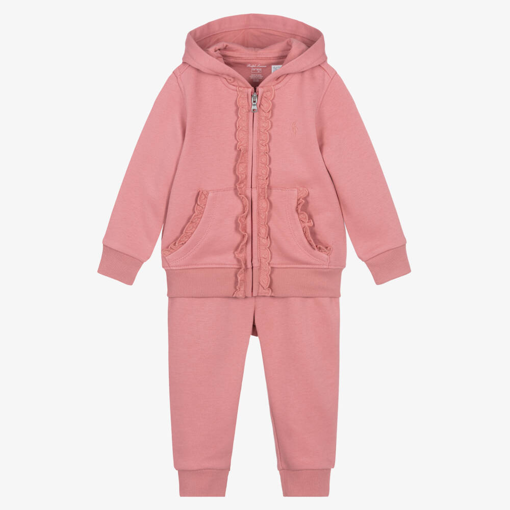 Ralph Lauren-Baby Girls Pink Cotton Ruffle Tracksuit with Pony Logo | Childrensalon