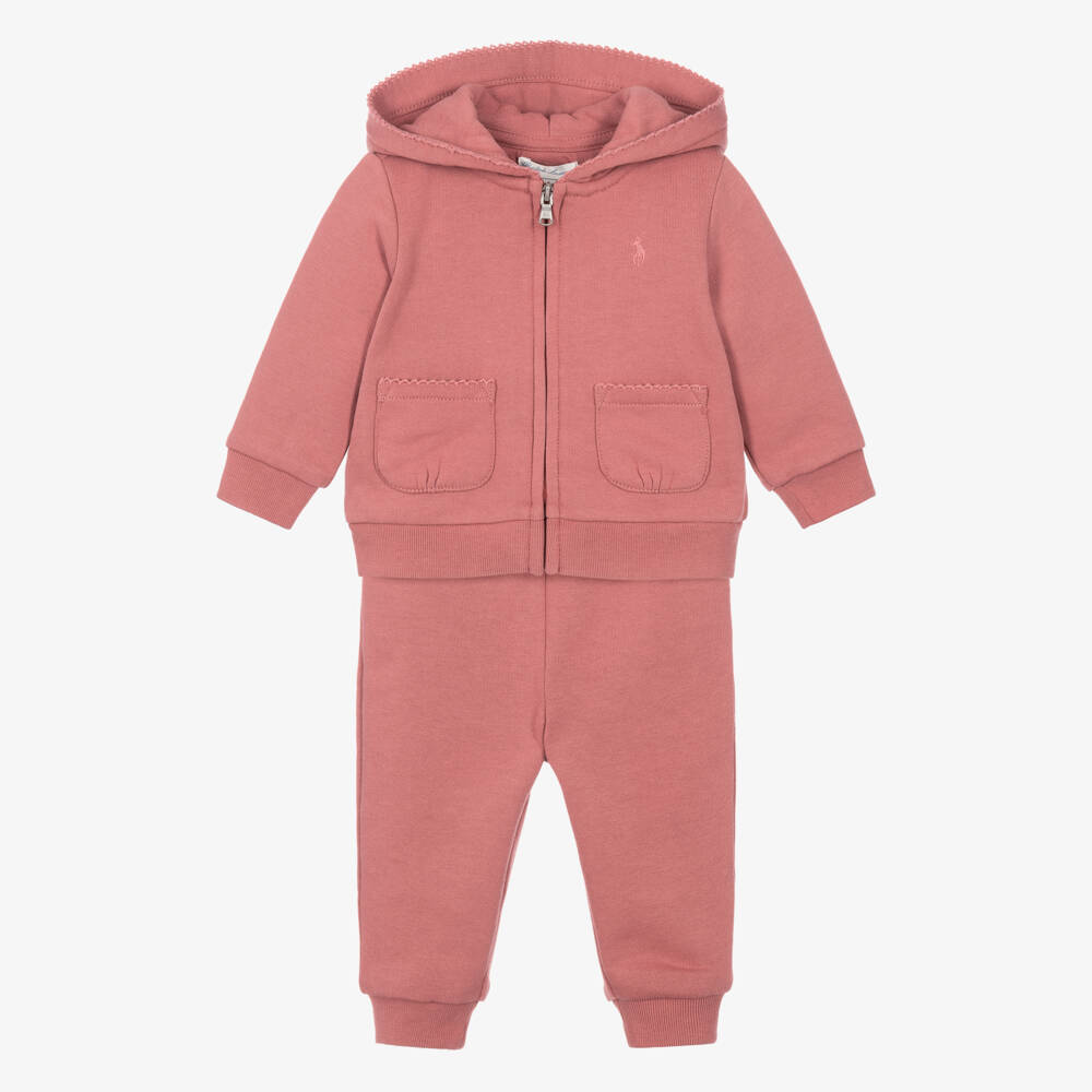 Ralph Lauren-Baby Girls Pink Tracksuit with Picot Trims | Childrensalon