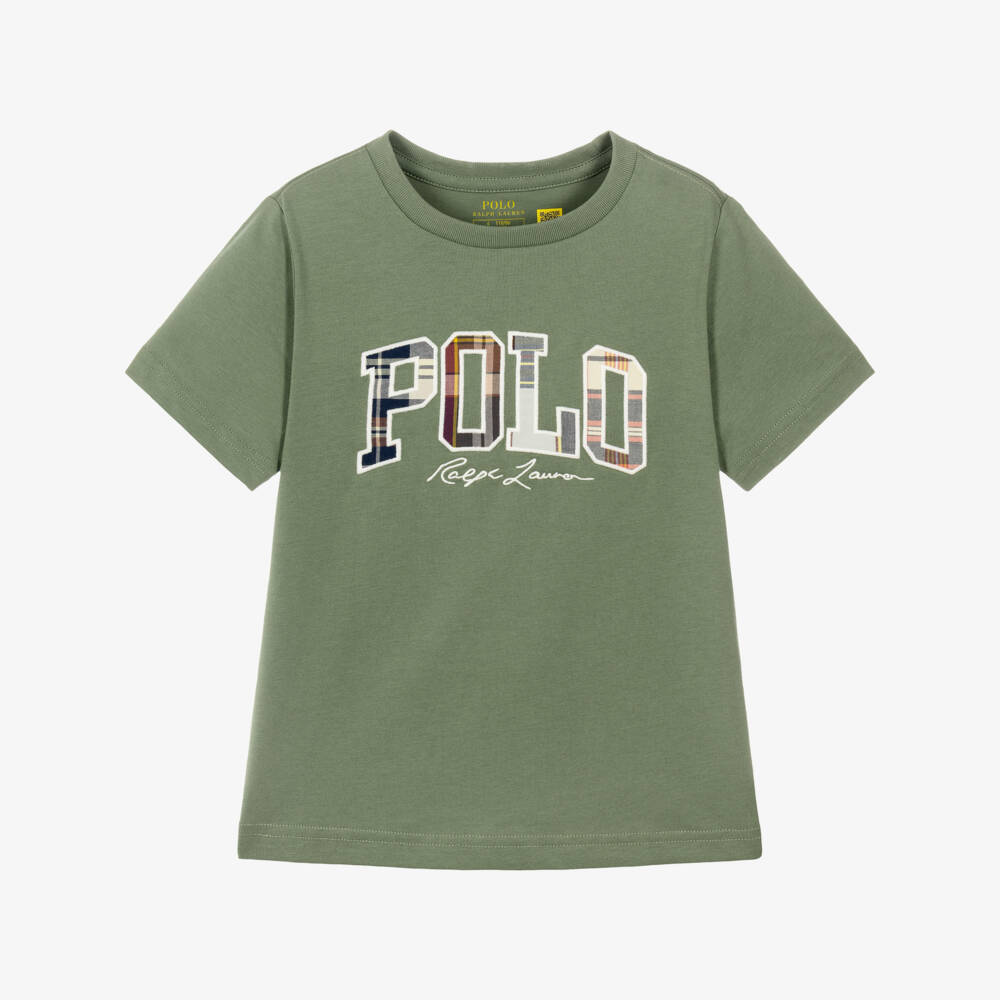 Ralph Lauren-Boys Green Cotton T-Shirt with Check Polo Logo | Childrensalon