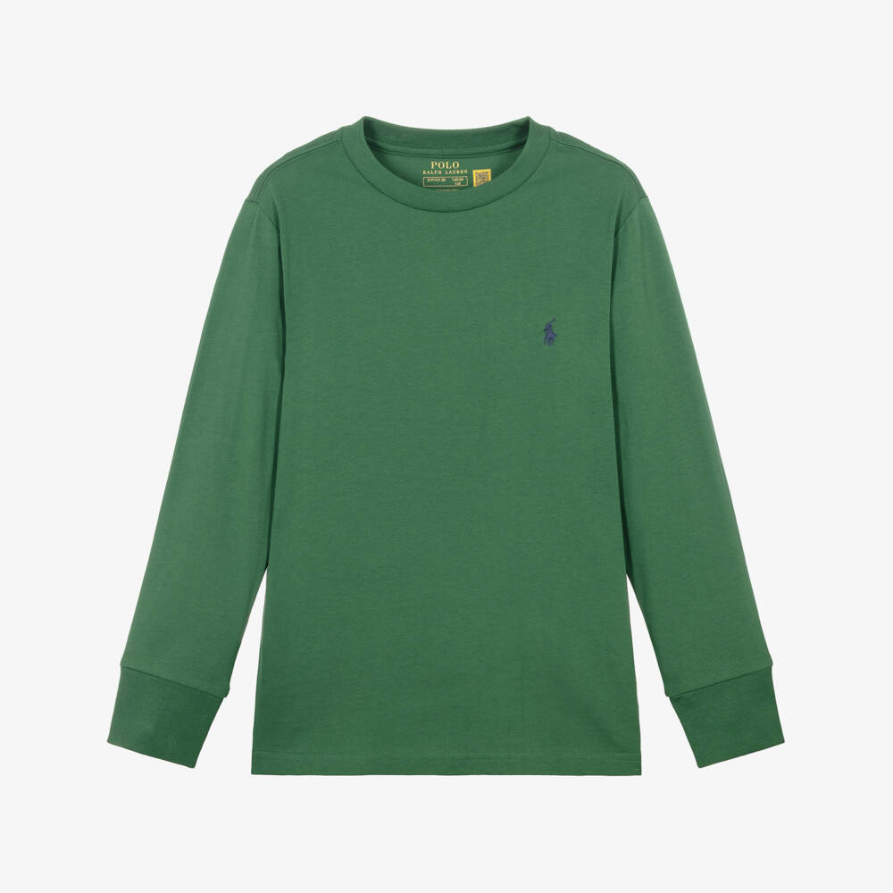 Ralph Lauren-Boys Green Long-Sleeved Cotton Top with Pony Logo | Childrensalon