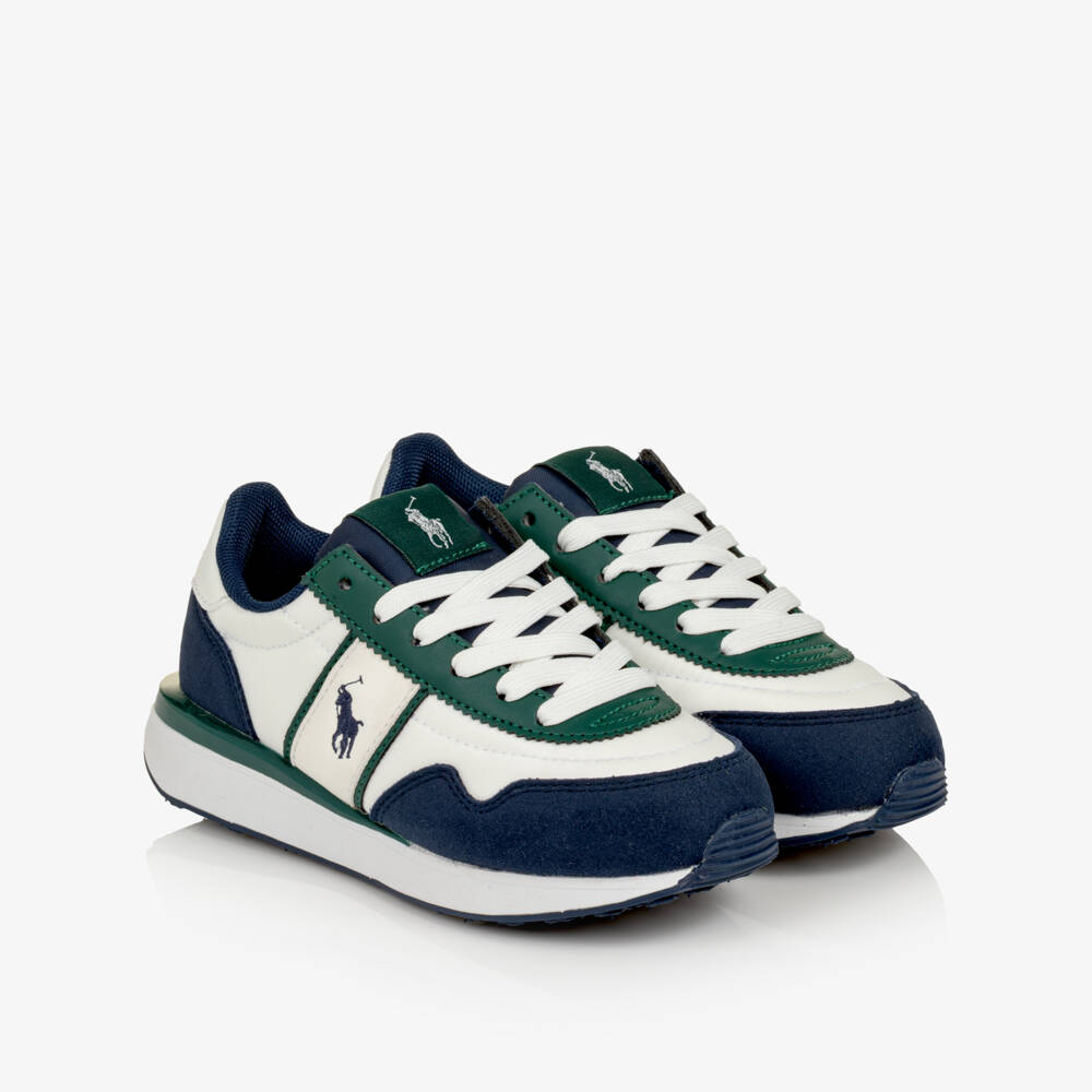 Ralph Lauren-Boys Lace-Up Trainers in White, Blue & Green | Childrensalon
