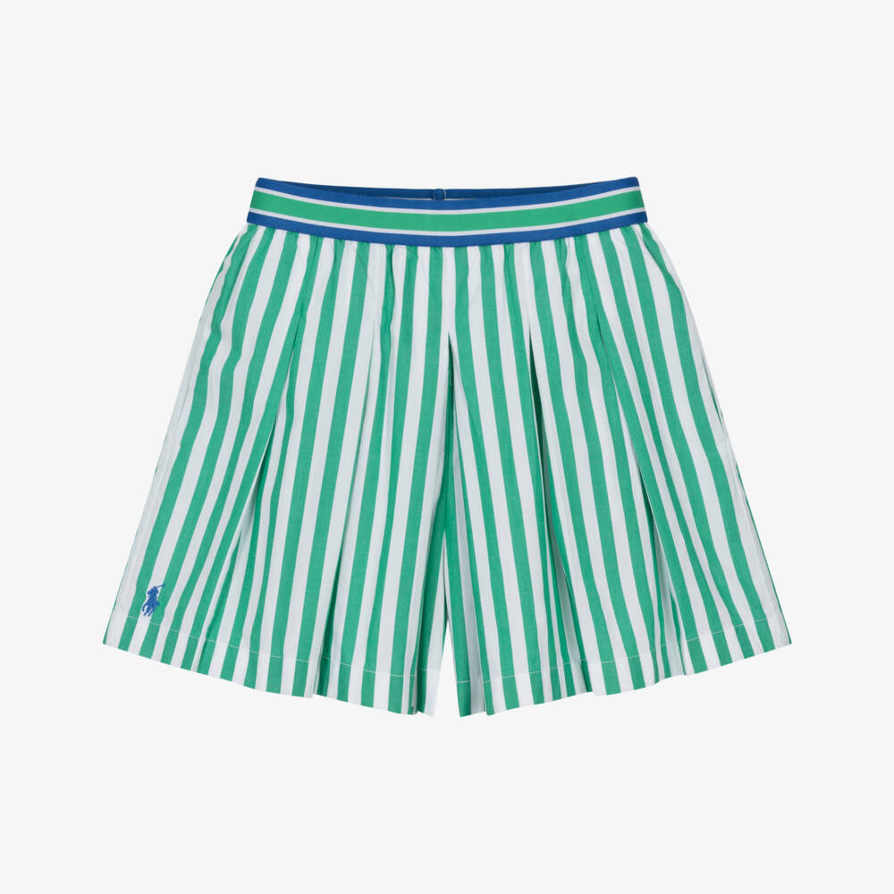 Ralph Lauren-Girls Green & White Striped Cotton Poplin Shorts | Childrensalon