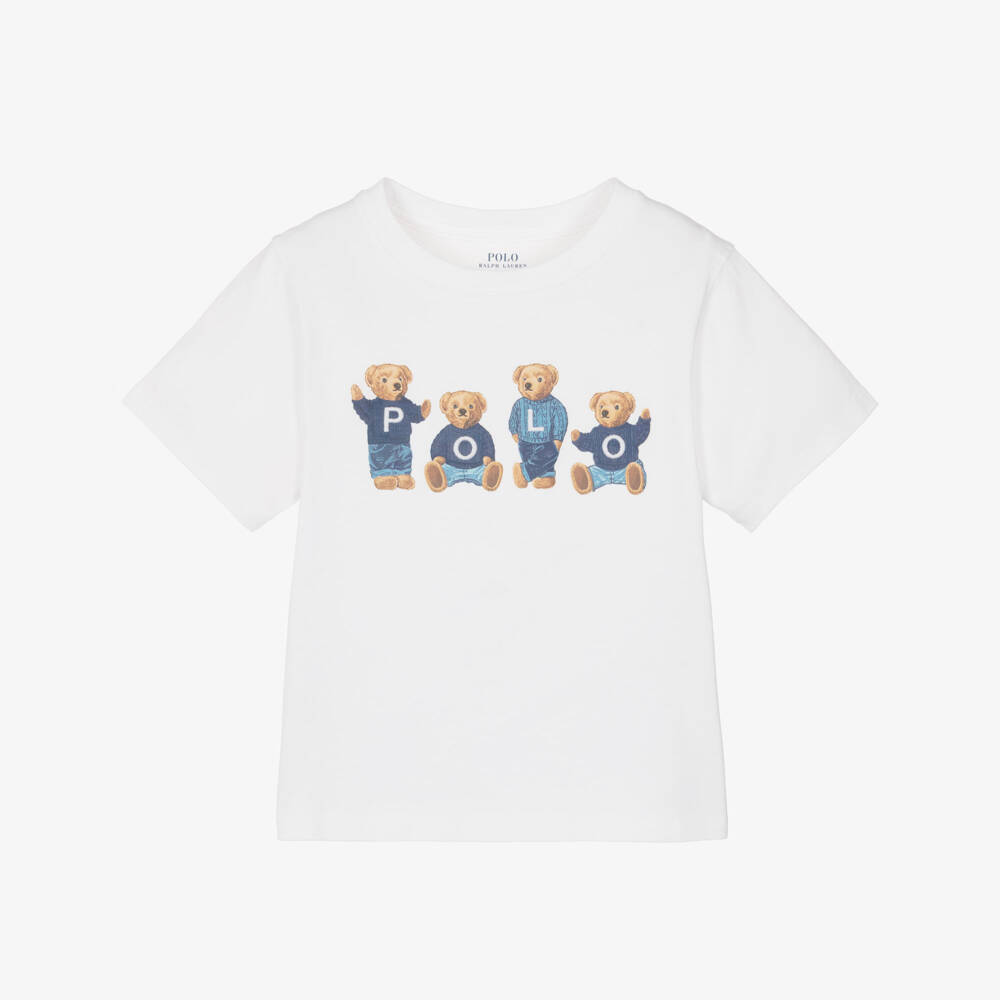 Ralph Lauren-Girls White Cotton Jersey T-Shirt with Polo Bears Print | Childrensalon