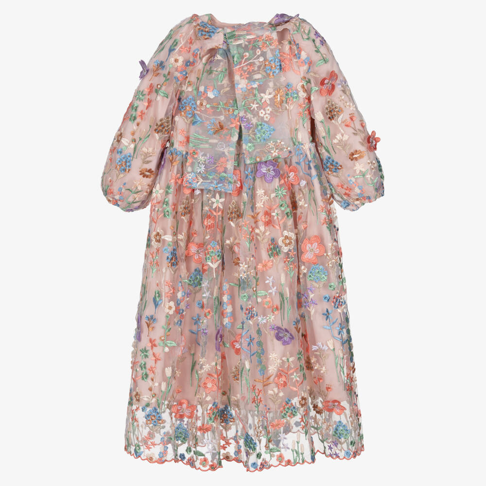 RaspberryPlum-Girls Tulle Maxi Dress with Colourful Embroidered Flowers | Childrensalon