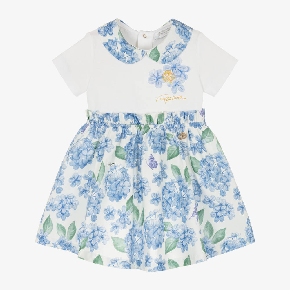 Roberto Cavalli-Girls White & Blue Floral Print Dress | Childrensalon