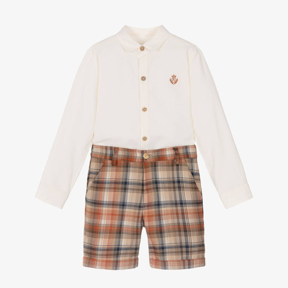 Rochy-Boys Ivory & Beige Check Shorts Set | Childrensalon
