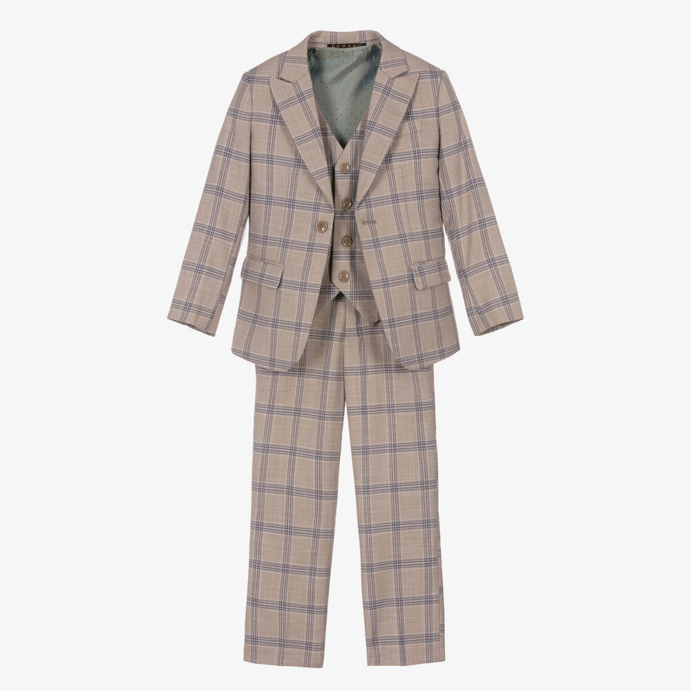 Romano-Boys Beige & Blue Check Suit | Childrensalon