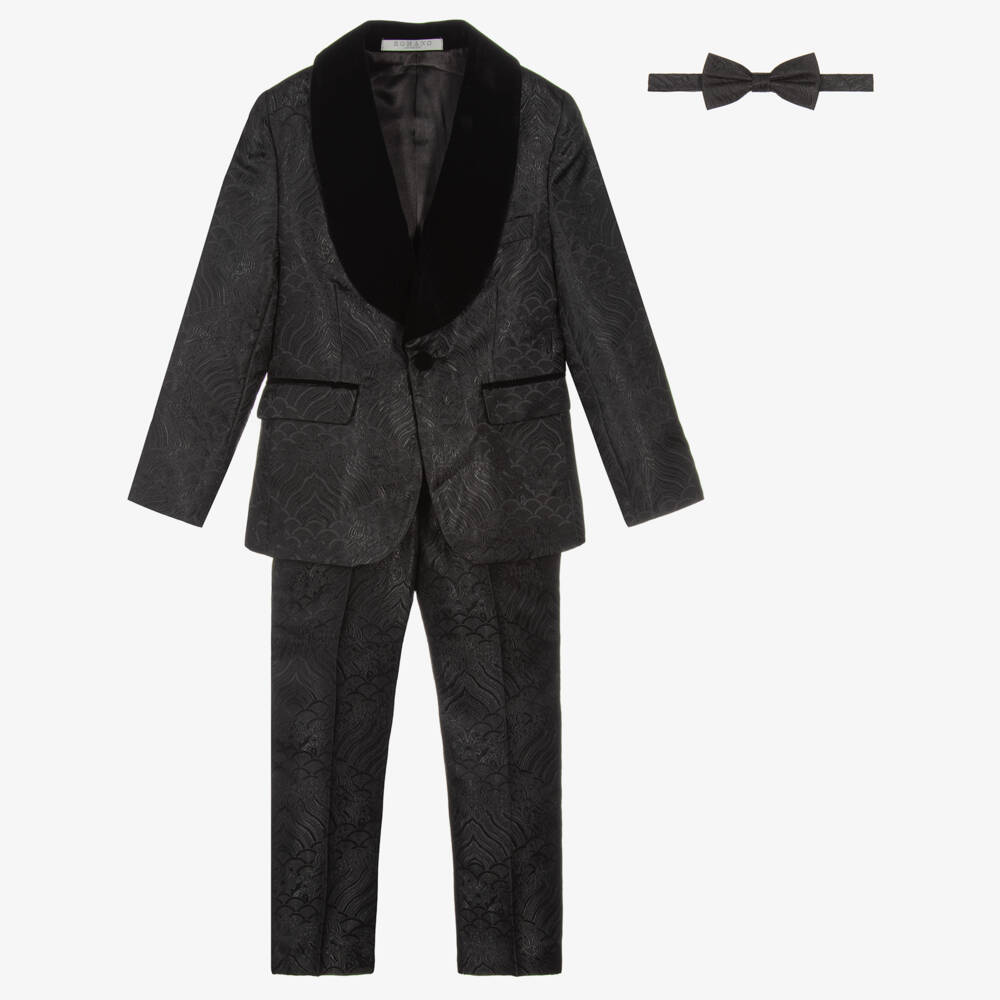 Romano-Boys Black Jacquard Suit with Bow Tie | Childrensalon