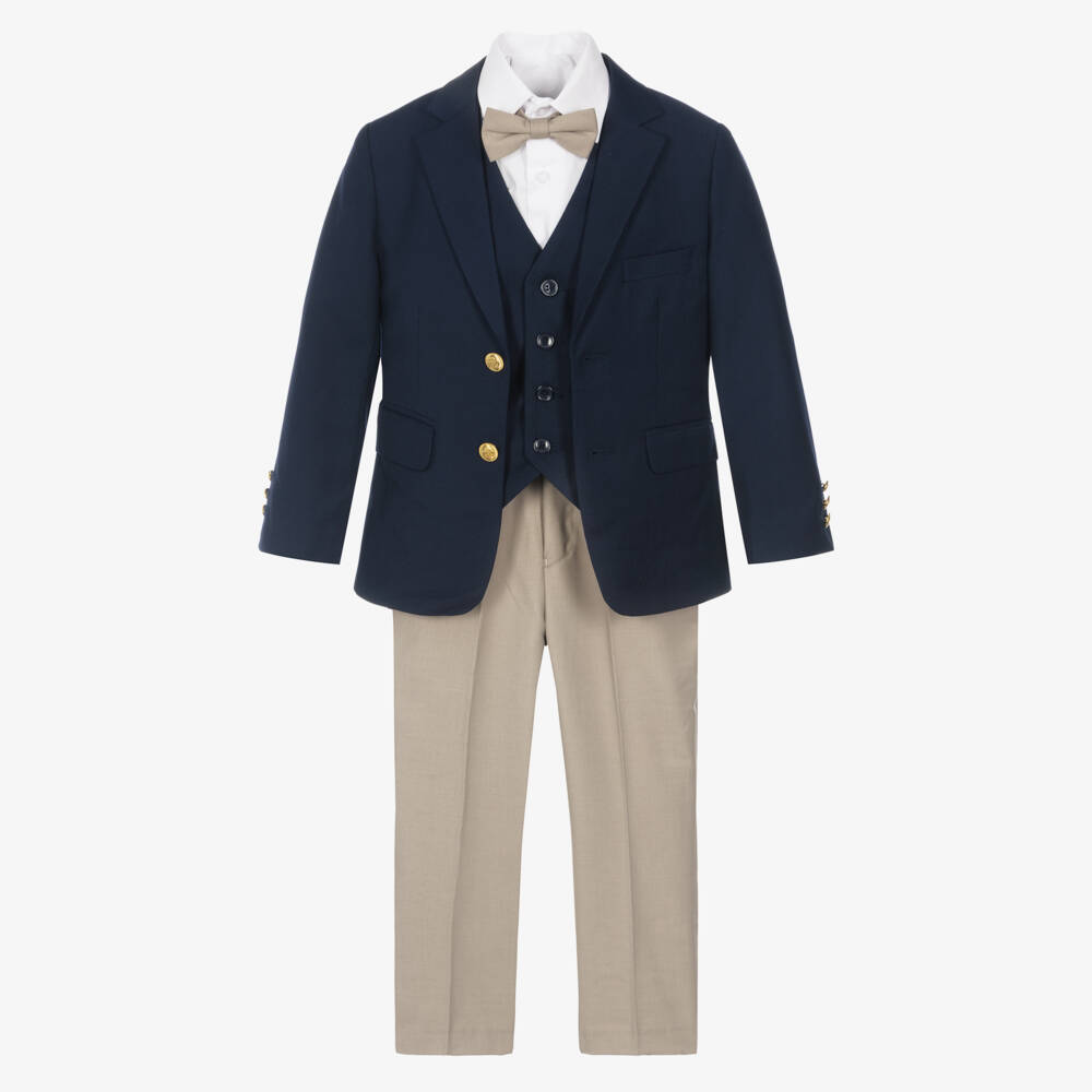 Romano-Boys Navy Blue & Beige Twill Suit | Childrensalon