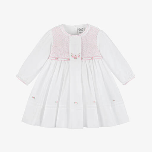 Sarah Louise-Baby Girls White Cotton Hand-Smocked Dress | Childrensalon