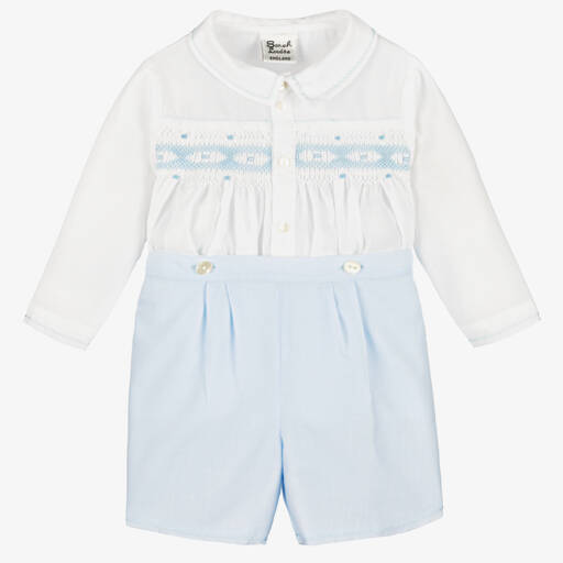 Sarah Louise-Boys Blue & White Hand-Smocked Buster Suit | Childrensalon