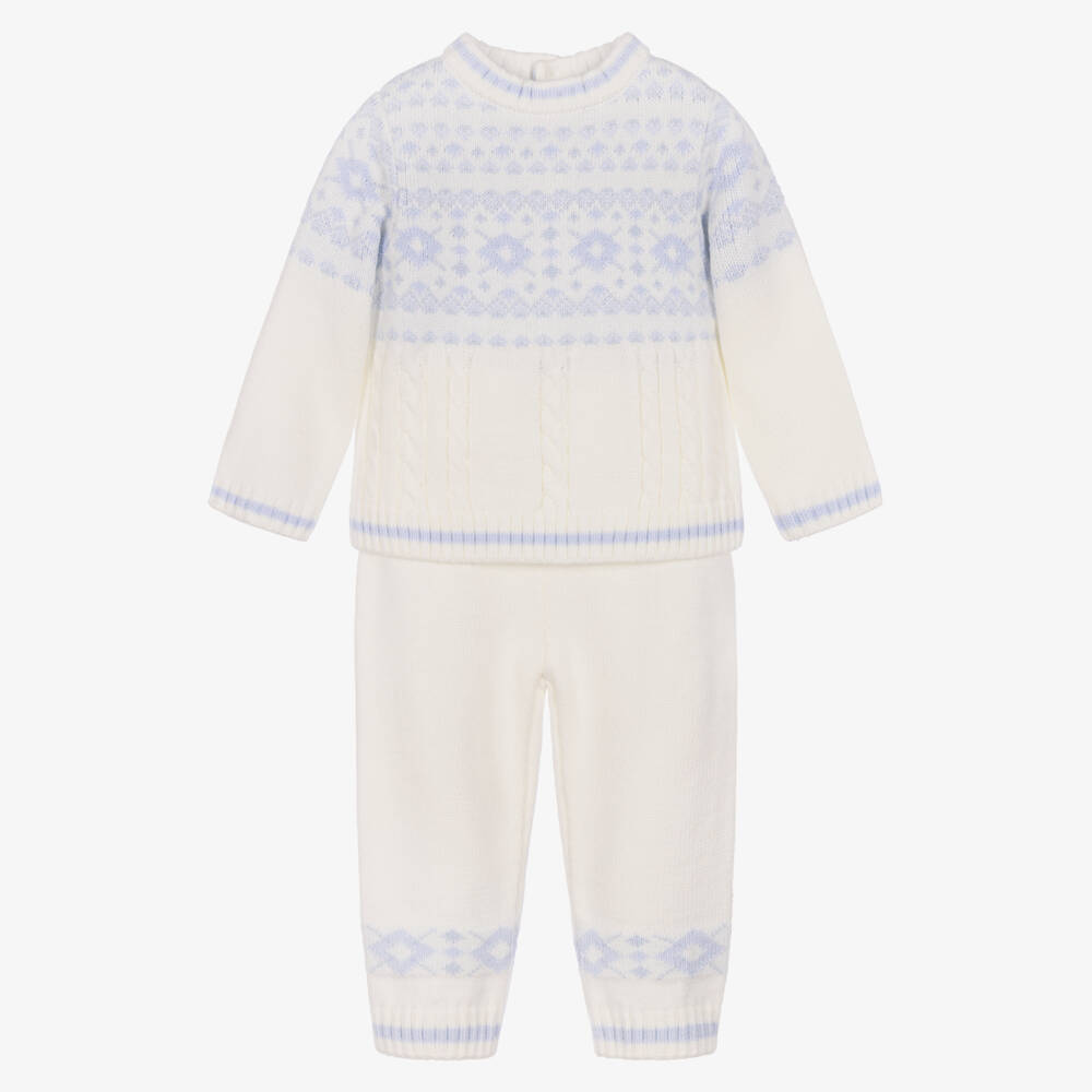 Sarah Louise-Boys Ivory & Blue Knitted Trouser Set | Childrensalon