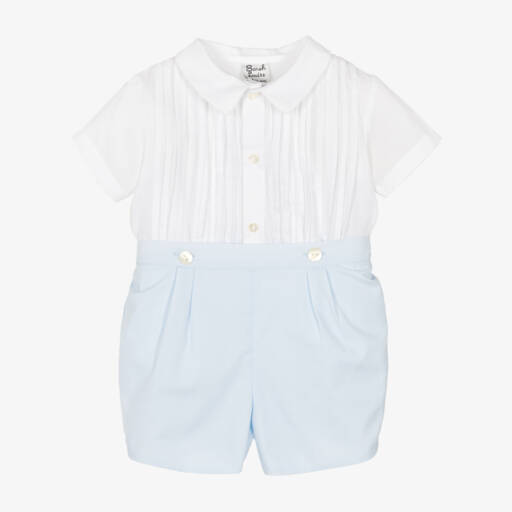 Sarah Louise-Boys White & Blue Cotton Buster Suit | Childrensalon