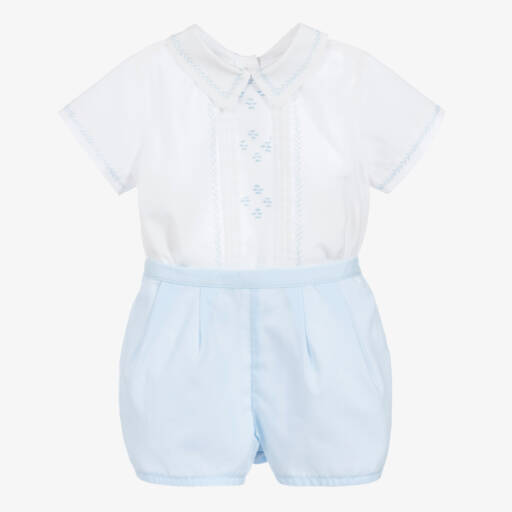 Sarah Louise-Boys White & Blue Embroidered Shorts Set | Childrensalon