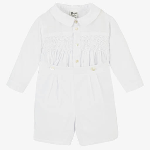 Sarah Louise-Boys White Hand-Smocked Buster Suit | Childrensalon