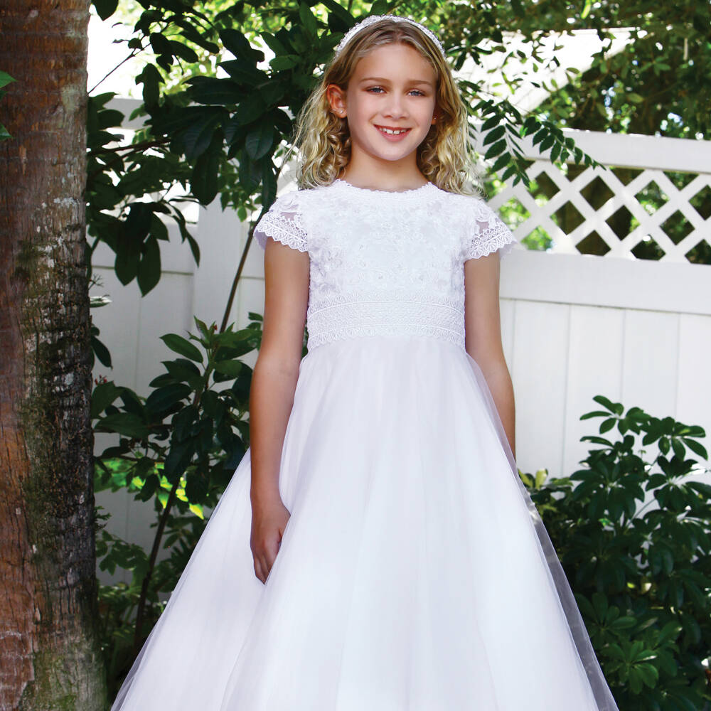 Sarah Louise-Girls White Embroidered & Beaded Tulle Dress | Childrensalon