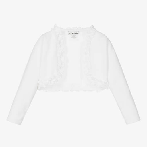 Sarah Louise-Girls White Knitted Bolero Cardigan with Ruffles | Childrensalon