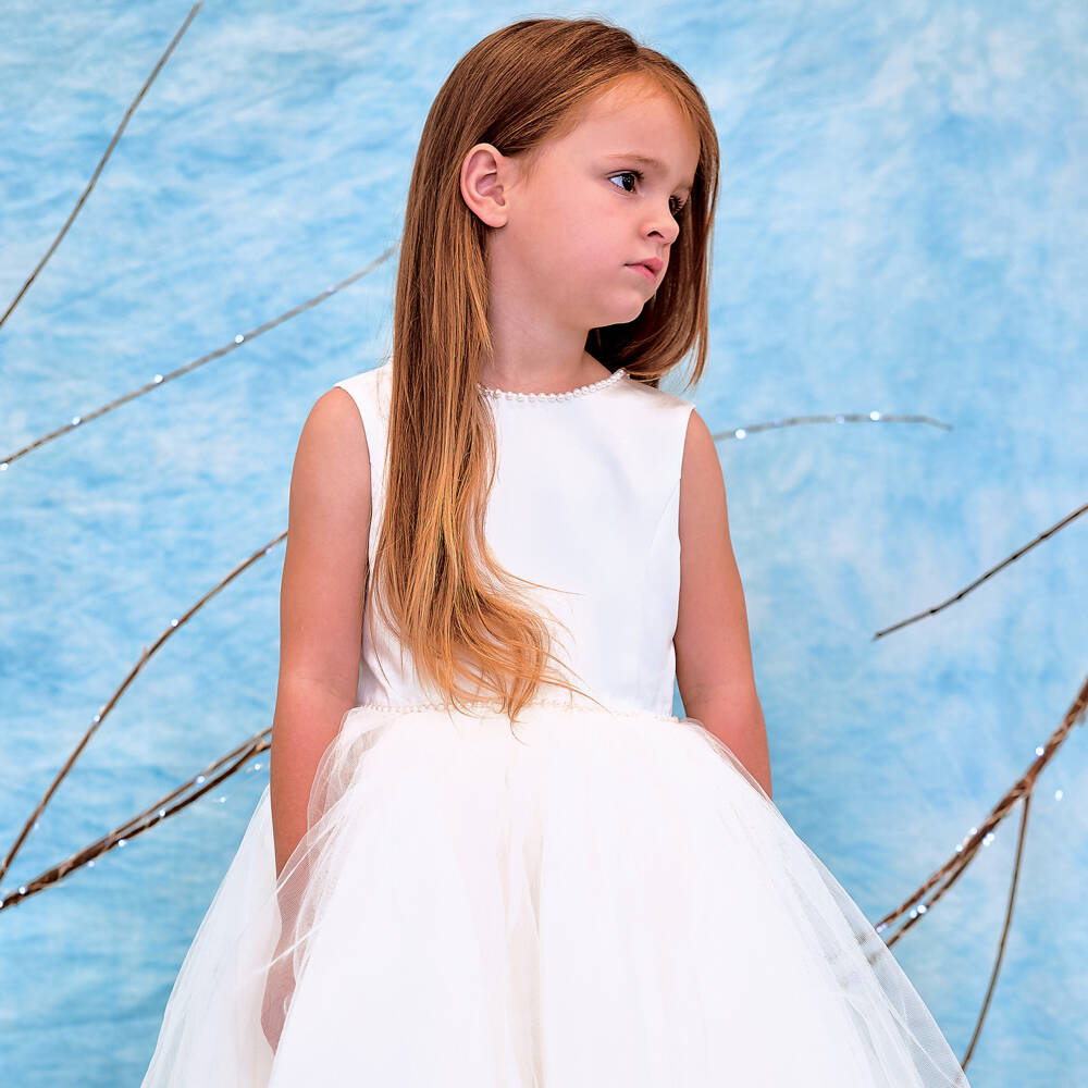 Sarah Louise-Girls White Pearl Satin Dress | Childrensalon