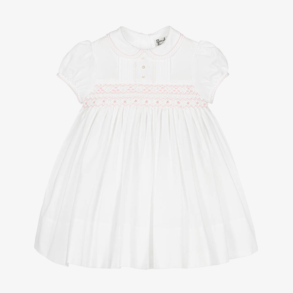 Sarah Louise-Girls White & Pink Hand-Smocked Dress | Childrensalon
