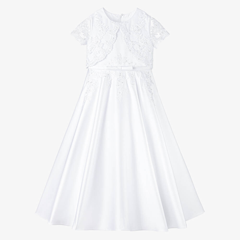 Sarah Louise-White Satin & Embroidered Tulle Communion Dress | Childrensalon