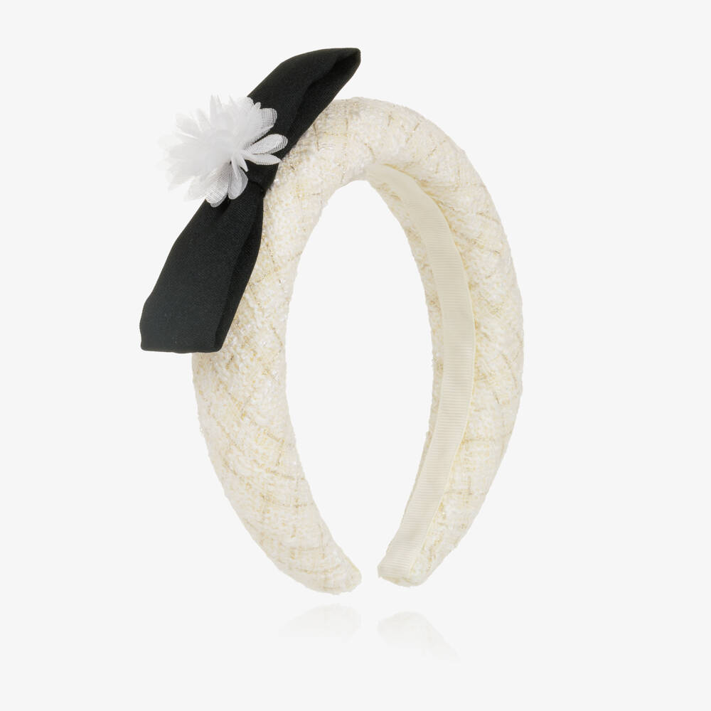 Self-Portrait-Girls Ivory & Gold Tweed Hairband with Black Bow | Childrensalon