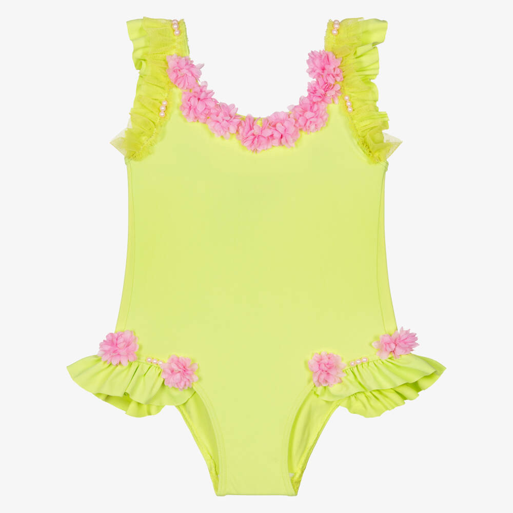 Selini Action-Girls Lime Green Swimsuit with Pink Flowers | Childrensalon